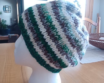 Hand knit striped hat. Green, brown, grey and white.