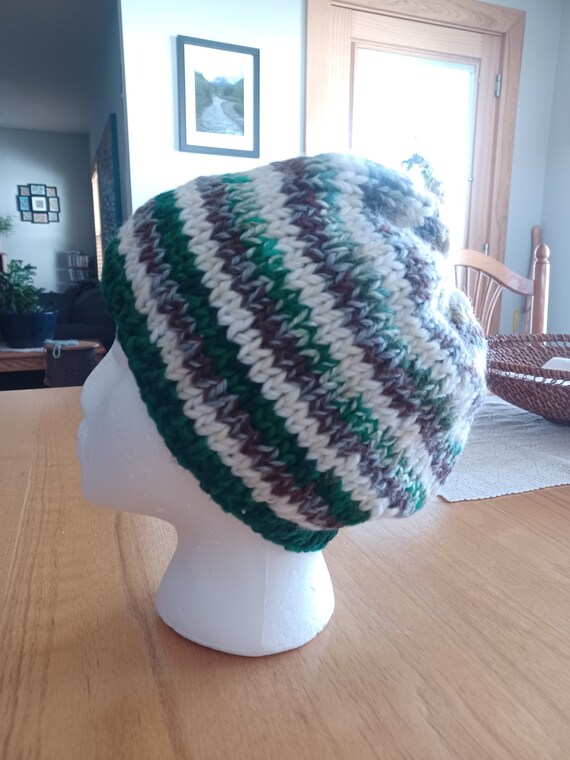 Hand Knit Striped Hat. Green, Brown, Grey and White. - Etsy