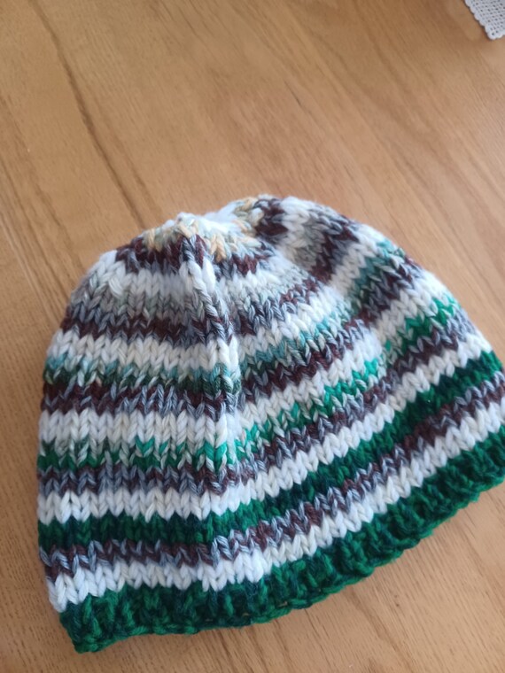 Hand Knit Striped Hat. Green, Brown, Grey and White. - Etsy display picture 3
