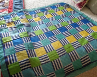 Scarf, vintage, Liz Sinclair, blue, green, yellow, geometric, 30" square