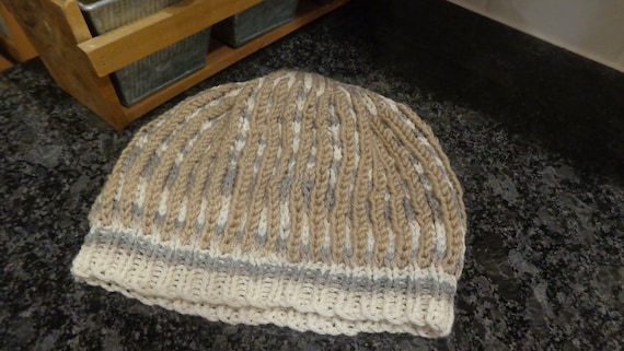 Hat, hand knit, gray, beige, acrylic, cotton, brioche stitch, machine wash