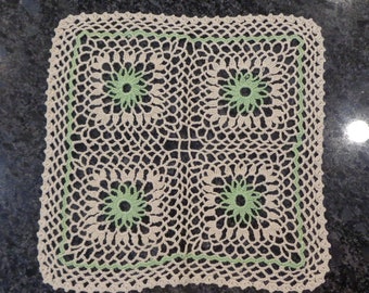 Doily, hand crocheted, square, pieced, ecru, green, 11 1/2" square,