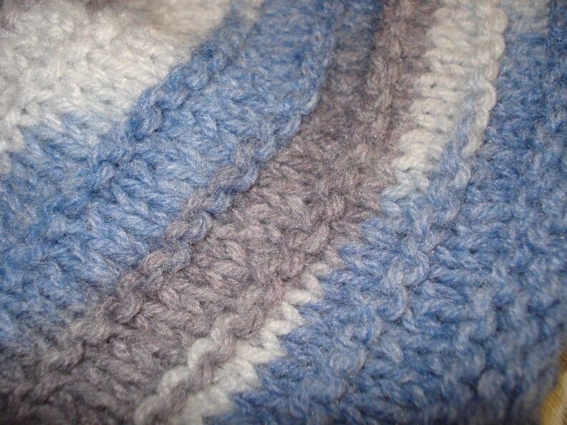 Children's hat, hand knit, blue, grey, machine wash and dry, 18" around image 5