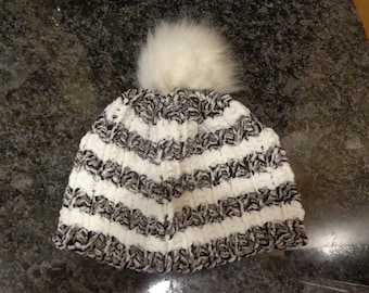 Hat, hand knit, black, white, stripes, white fur pom pom