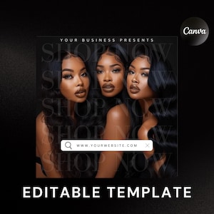 May include: Three women with long, dark hair are featured in a black and white image. The women are wearing makeup and have a serious expression. The text "SHOP NOW" is repeated multiple times in the image. The text "WWW.YOURWEBSITE.COM" is also included in the image.