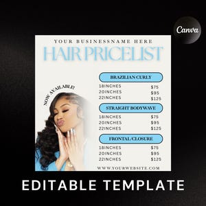 Folleto de lista de precios de cabello DIY, plantilla para cabello, extensiones de cabello, peluquería, trenzadora, peluca, plantilla de Canva, plata, ofertas de paquetes de cabello