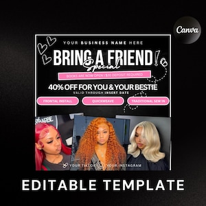 Bring A Friend Flyer, Bring A Friend Special, Bring A Friend Deal, Bestie Deal Flyer, Hair Braids Lashes Wigs Nails Makeup Sale Promotion