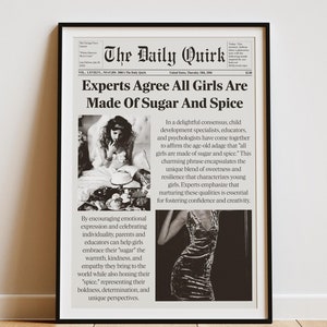 女の子は砂糖とスパイスでできています ウォールアート、トレンディな新聞プリント、ヴィンテージウォールアート、タイムズニュース、プレッピーな装飾、寮の装飾、バーカートのウォールアート