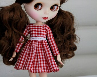 Long Sleeved Cotton Dress for Neo Blythe.  Red Gingham with lace trim.