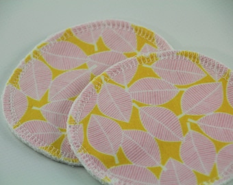 Reusable Cloth Breast Pads. Two sets (4 pads).  For nursing mothers.  Yellow Pink Leaves print.