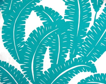 Ikea Ugglemott 100% Cotton Fabric. Turquoise-green fern leaves on white background.