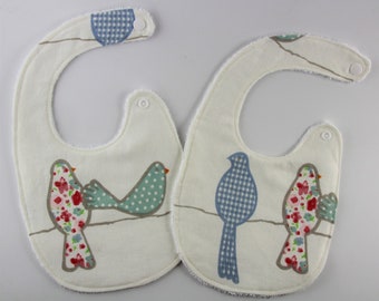 Two Cotton Baby Feeding Bibs Birds on a Wire