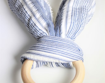 Organic Fabric and Wooden Teething Ring Blue and White Stripes