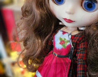 Long Sleeved Cotton Christmas Check Dress with Apron for Neo Blythe