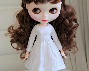 Long Sleeved Cotton Dress for Neo Blythe in White Organic Hemp Linen