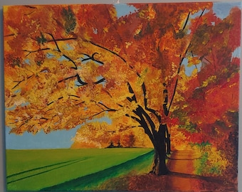 May include: A painting of a fall landscape with a large tree in the foreground. The tree has orange, yellow, and red leaves. The background is a field of green grass and a blue sky.