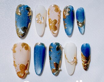Golden Bouquet Spring Cateye Medium Almond Press On Nails | Handmade Reusable Chrome Cateye Spring Bouquet Floral Nail Set - Xuanznail
