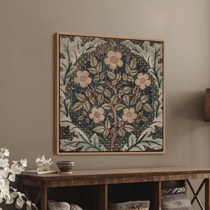 Framed Textile Wall Art Print, William Morris Print Wall Art, Vintage Flower Tapestry Wall Art, Botanical Art Print, Neutral Farmhouse Decor