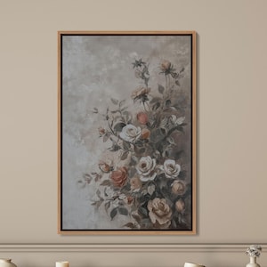 Framed Canvas Wall Art Vintage Floral Art Print Muted Color Abstract Flower Print Moody Floral Botanical Wall Art Large Wall Decor
