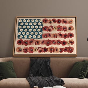 Floral American Flag Framed Wall Art, Fourth of July USA Flag Canvas Print, American Flag Wall Art, Floral Americana Wall Decor, US Wall Art