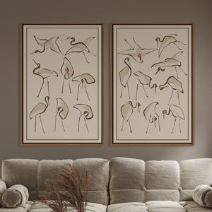 Japanese Crane Wall Art Set, Minimalist Heron Bird Canvas Prints, Vintage Style Framed Art, Abstract Zen Home Decor