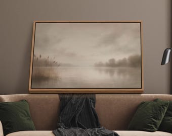 Framed Landscape Canvas Print, Forest Lake Landscape, Neutral Farmhouse Decor