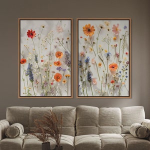 Pressed Flower Framed Wall Art Set of 2, Large Canvas Wall Art, Floral Botanical Wall Art Prints, Modern Floral Decor, Natural Home Decor