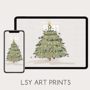 Pode incluir: Um smartphone e um tablet exibem uma ilustração de árvore de Natal. A árvore é verde com enfeites coloridos e uma estrela dourada no topo. A hora exibida é 9h41 na quarta-feira, 7 de setembro. O texto "LSY ART PRINTS" está na parte inferior.