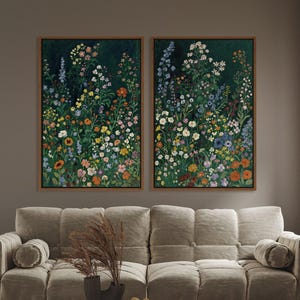 Vintage Floral Framed Wall Art Set of 2, Framed Botanical Flower Canvas Prints, Large Wildflower Wall Decor, Antique Nature Art Prints
