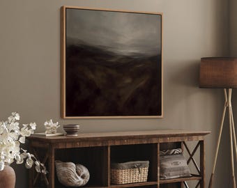 Arte de pared enmarcado con paisaje abstracto oscuro, impresión en lienzo con tonos neutros y melancólicos, impresión de pintura abstracta minimalista, decoración de pared de estilo rústico moderno.