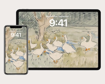 Phone Wallpapers, Vintage Mother Duck iPad Wallpaper, Nursery Art Phone Wallpaper, Antique Geese Phone Background, Animal iPad Wallpaper