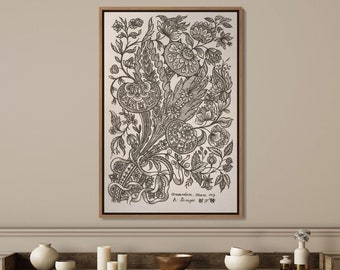 Framed Floral Botanical Art Print, Antique Textile Style, Farmhouse Decor