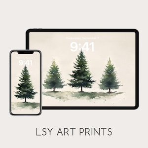 Könnte beinhalten: Ein Smartphone und ein Tablet zeigen ein Aquarellbild von immergrünen Bäumen. Die Bildschirme zeigen Datum und Uhrzeit: Mittwoch, 7. September, 9:41 Uhr. Der Text "LSY ART PRINTS" wird unter den Geräten angezeigt.