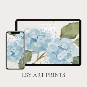 May include: A smartphone and tablet display a floral art print featuring light blue hydrangeas. The screens show the time as 9:41 and the date. The text "LSY ART PRINTS" is displayed at the bottom of the image.