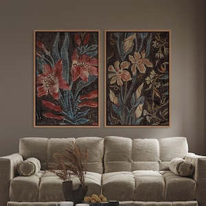 Vintage Floral Framed Wall Art Set of 2 | Antique Botanical Prints | Rustic Flower Wall Decor