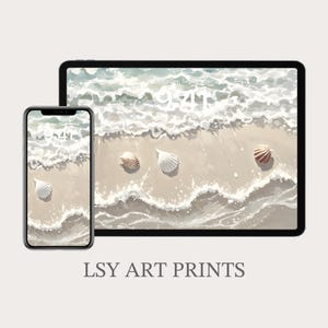 May include: Digital art print featuring a beach scene with seashells and ocean waves, displayed on a smartphone and tablet. The image has a neutral color palette with the text "LSY ART PRINTS" at the bottom.