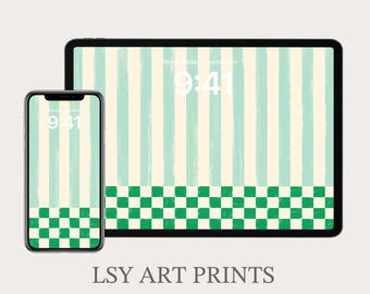 Fondo de pantalla retro verde para iPad, fondo digital a rayas y a cuadros para iPhone, arte estético para pantallas de tabletas.