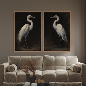 Egret Framed Wall Art Set of 2, Vintage Birds Wall Art Prints, Large Animal Canvas Wall Art, Birds Lover Gift, Coastal Wildlife Decor