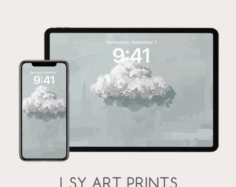 May include: A digital illustration of a white cloud on a light blue background. The image is displayed on a phone and tablet screen. The text "Wednesday, September 7" and "9:41" are displayed on the screen. The text "LSY ART PRINTS" is displayed below the screens.