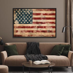 Vintage US Flag Art, Vintage Flag Framed Canvas Print, American Flag Wall Art, Fourth of July Art, Vintage American Flag Wall Decor