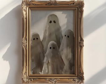 Niedliche Gruppe von Geistern Ölgemälde Druck, Vintage gruselige gruselige Wand Kunst Druck, Halloween-Dekor, druckbare Wandkunst, herunterladbare Druck
