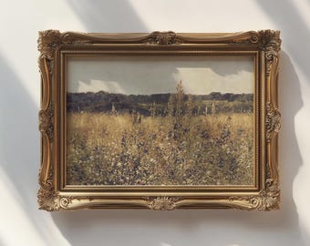 Dipinto vintage di fiori selvatici di prato, arte paesaggistica di campagna (download digitale)