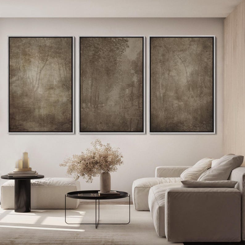 Vintage Landscape Framed Wall Art Set of 3, Antique Trees Canvas Prints ...