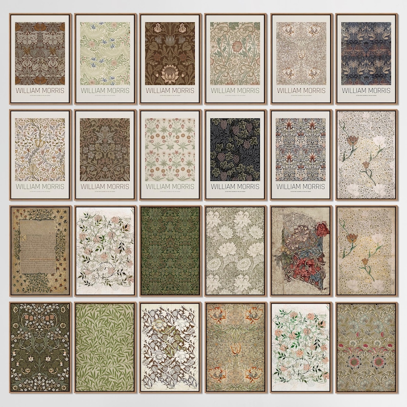 Puede incluir: Un collage de 18 estampados enmarcados que presentan varios patrones florales de William Morris. Los estampados est&aacute;n dispuestos en una cuadr&iacute;cula de seis filas y tres columnas. Cada estampado tiene un fondo blanco y un marco negro.