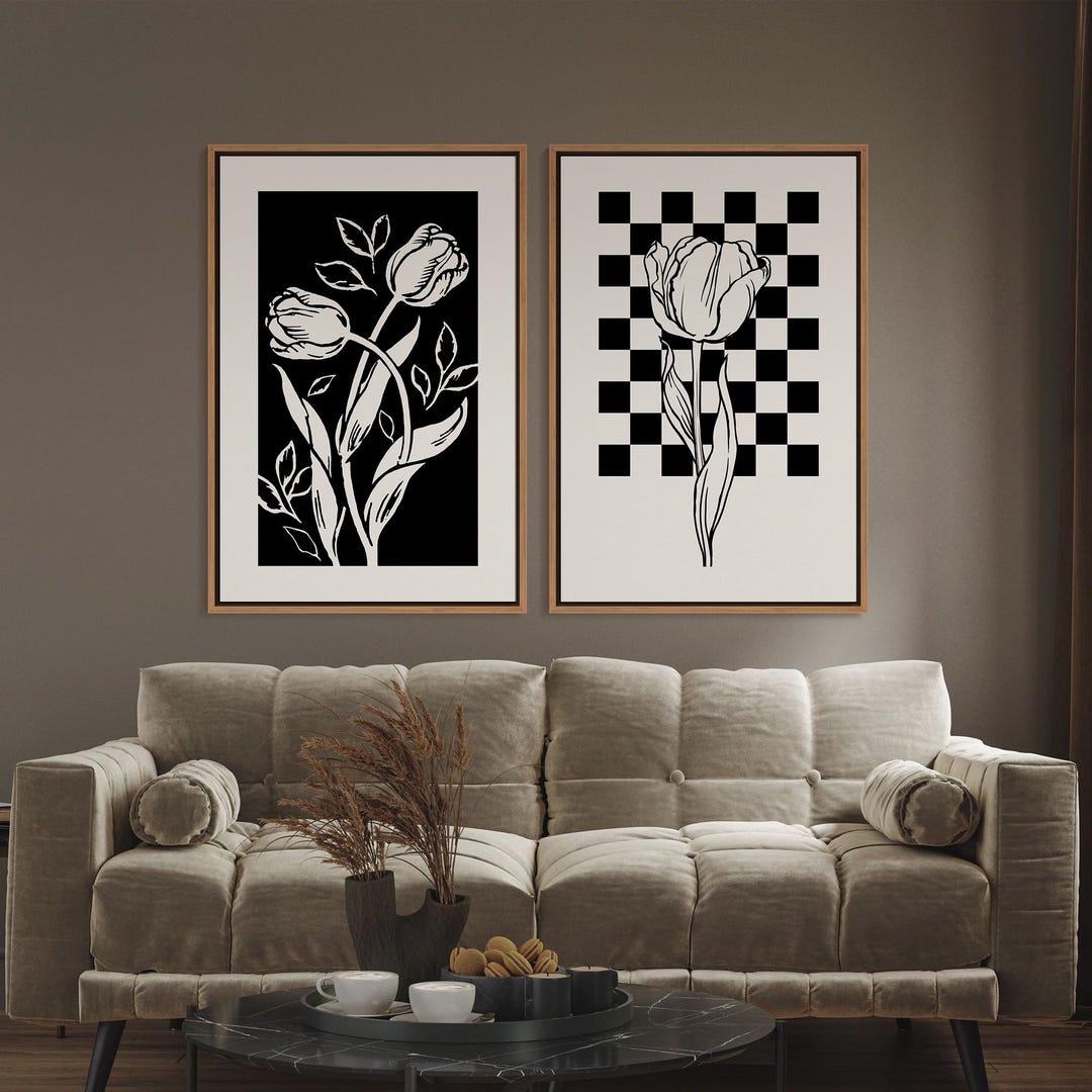 Set of 2 Tulips Framed Wall Art, Line Art Floral Prints, Minimalist ...