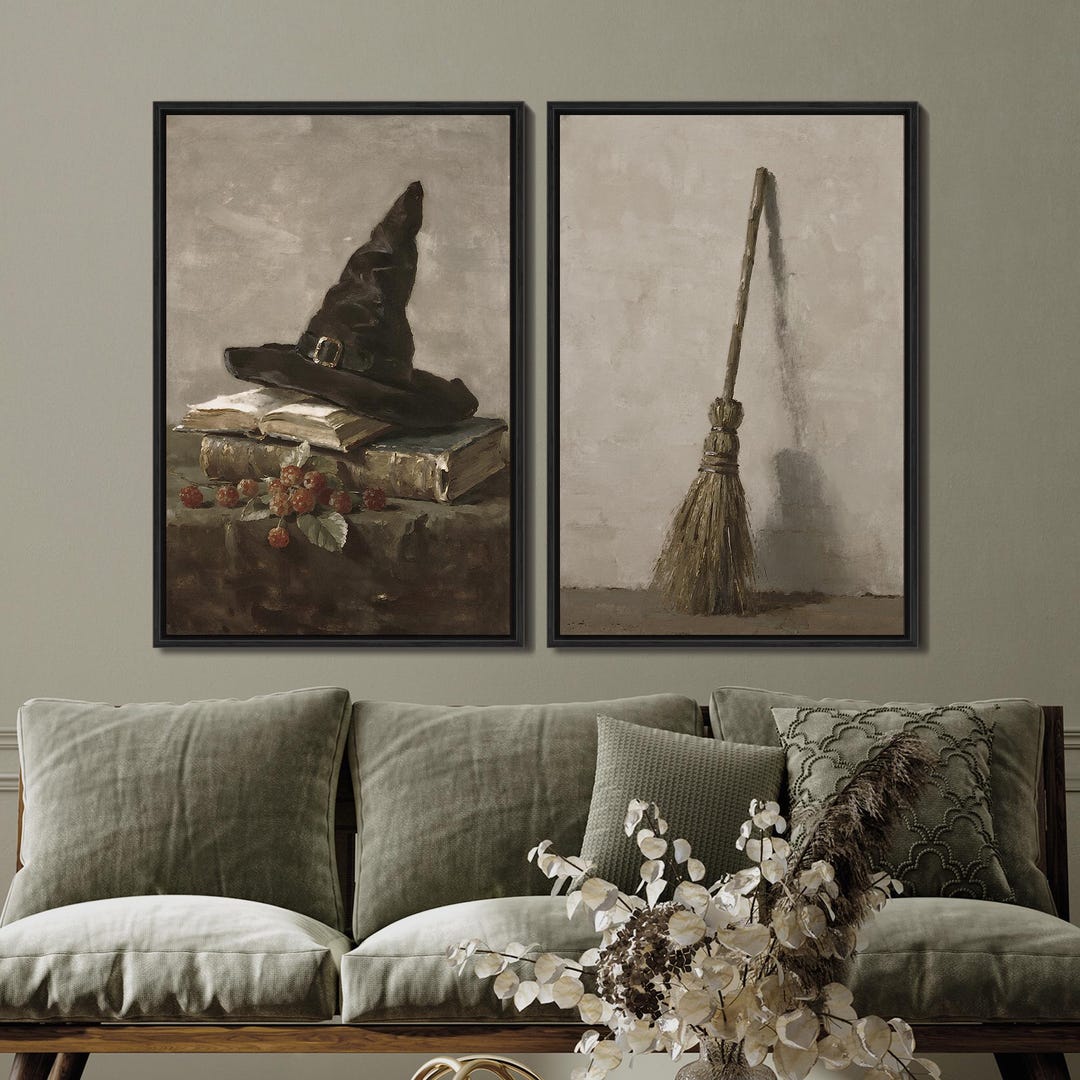 Halloween Framed Wall Art Set of 2, Witch Hat and Broom Wall Art Prints ...