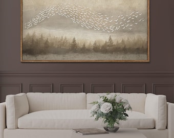 Vintage Landscape Large Wall Art, Flying Birds Wall Art Canvas Print, Vintage Nature Scenery Panoramic Print, Antique Farmhouse Decor
