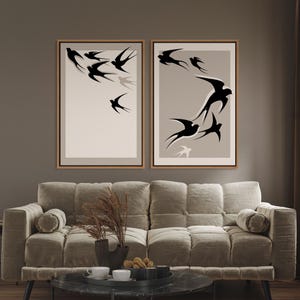 Swallows Framed Wall Art Set of 2, Flying Birds Wall Art Print, Large Canvas Wall Art, Minimalist Art Print, Birds Gift, Contemporary Decor