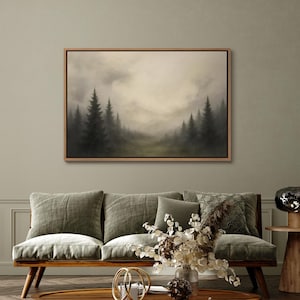 Pine Trees Framed Wall Art, Misty Forest Landscape Wall Art, Neutral Nature Canvas Print, Woodland Fog Painting Print, Rustic Home Decor