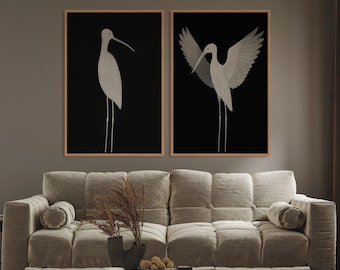 Heron Framed Wall Art Set of 2, Vintage Egret Birds Prints, Large Canvas Wall Art, Black and White Wall Art Print, Birds Lover Gifts